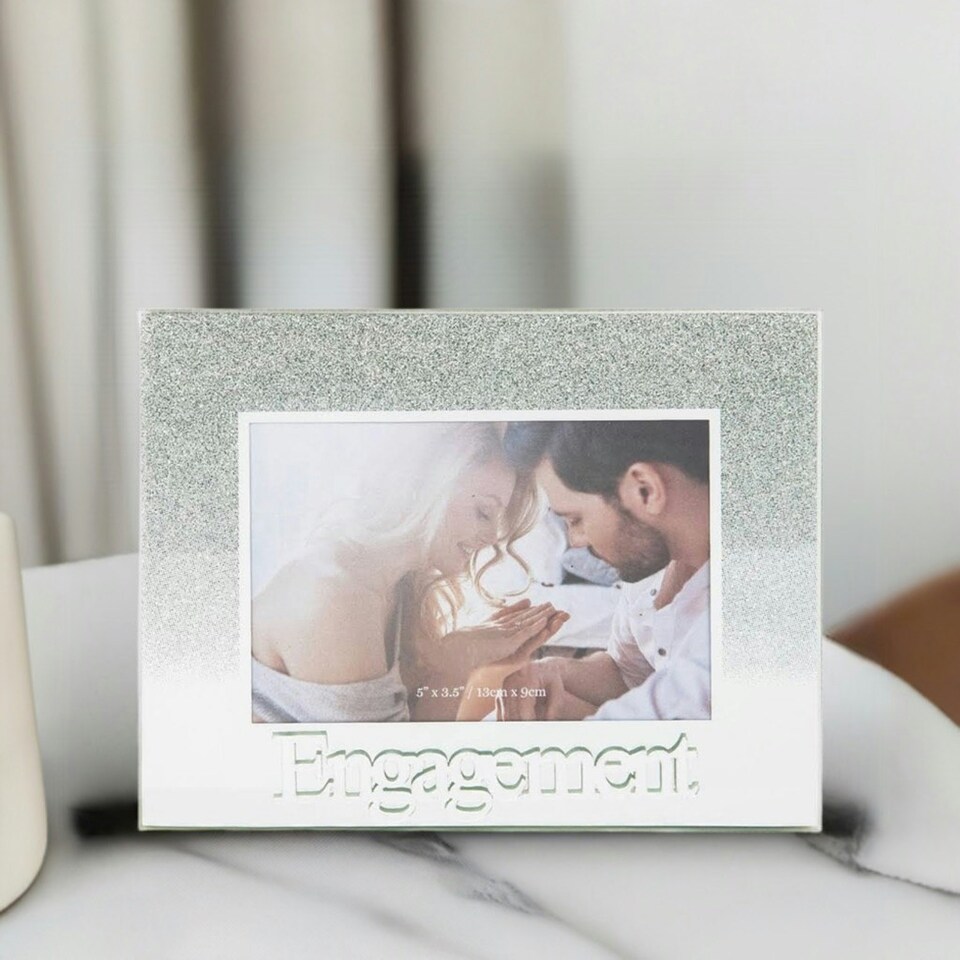 image 1 of Silver Glitter Engagement Glass Picture Frame with Acrylic Letters - 5" x 3.5" Clear | One Size