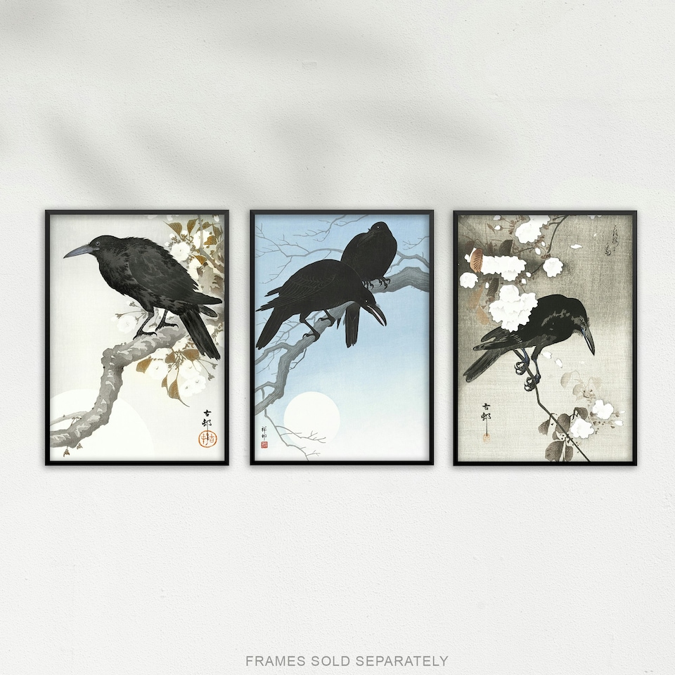 image 1 of Set of 3 Ohara Koson Crows Black White Blue Japanese A3 Wall Art Prints | Multi