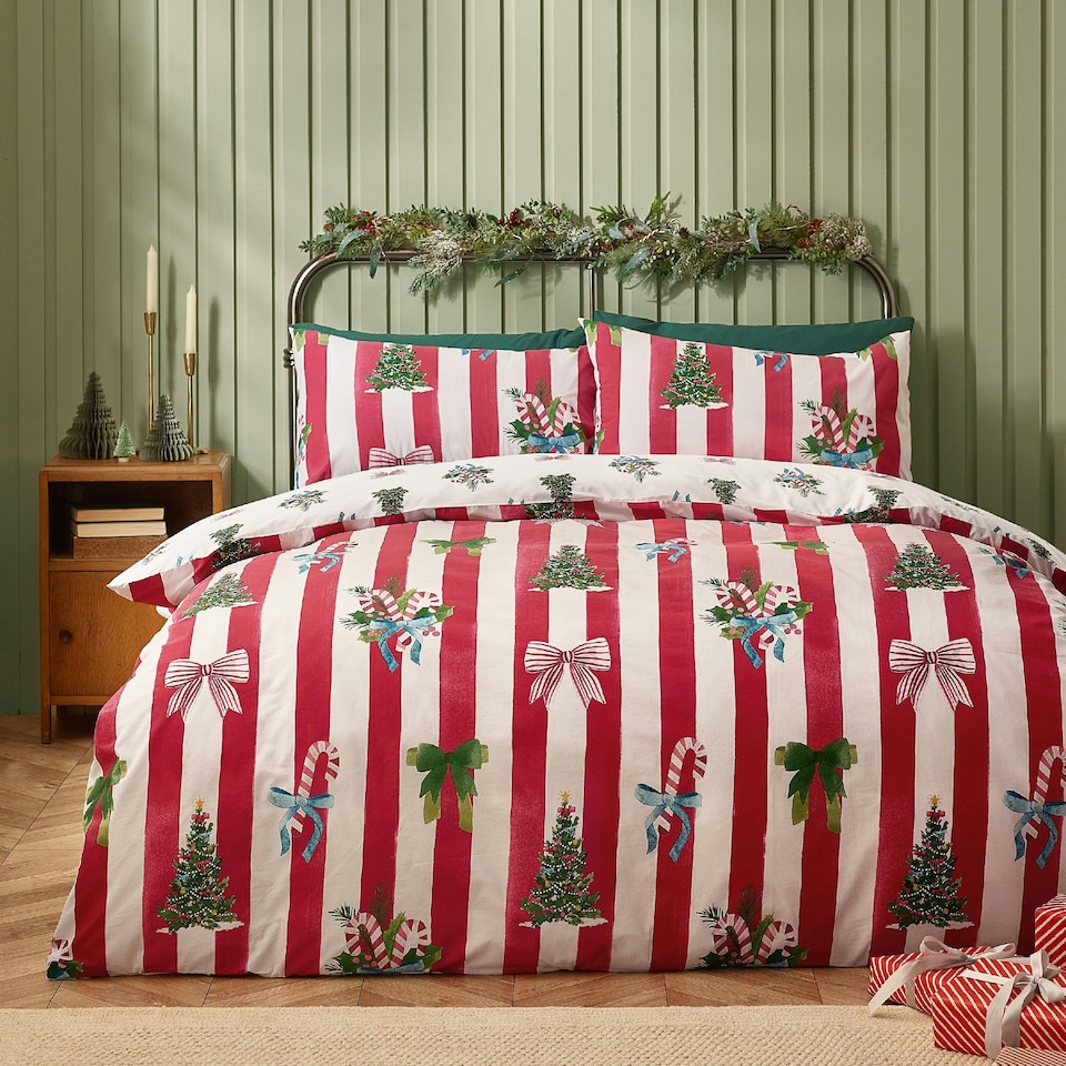 image 1 of Catherine Lansfield Christmas Stripe Reversible Duvet Cover Set Red Red | Super King
