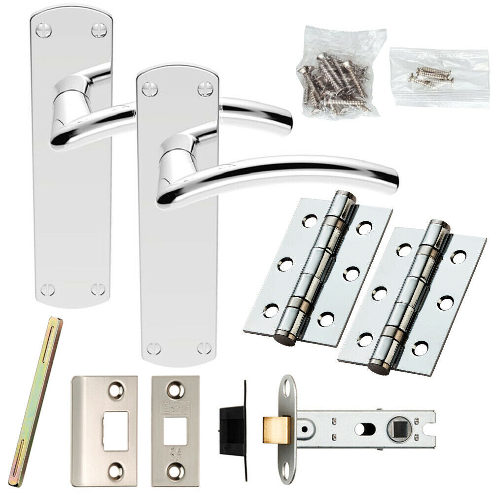 Loops Door Handle & Latch Pack Chrome Arched Lever Backplate Complete Set 170 x 42mm