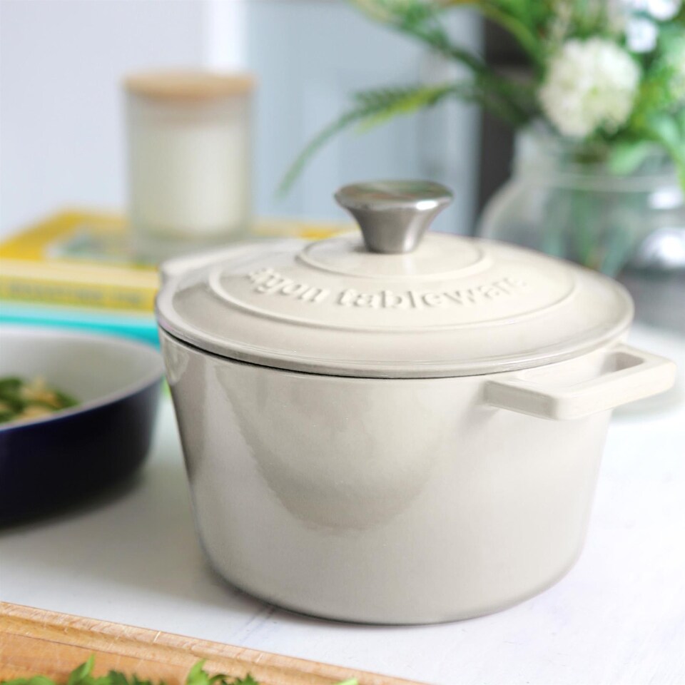 image 1 of Argon Tableware 2.8L Round Cast Iron Casserole Dish with Self-Basting Lid - 2.95QT Dutch Oven Roasting Dish Pot | Grey | Pebble Gloss | 2