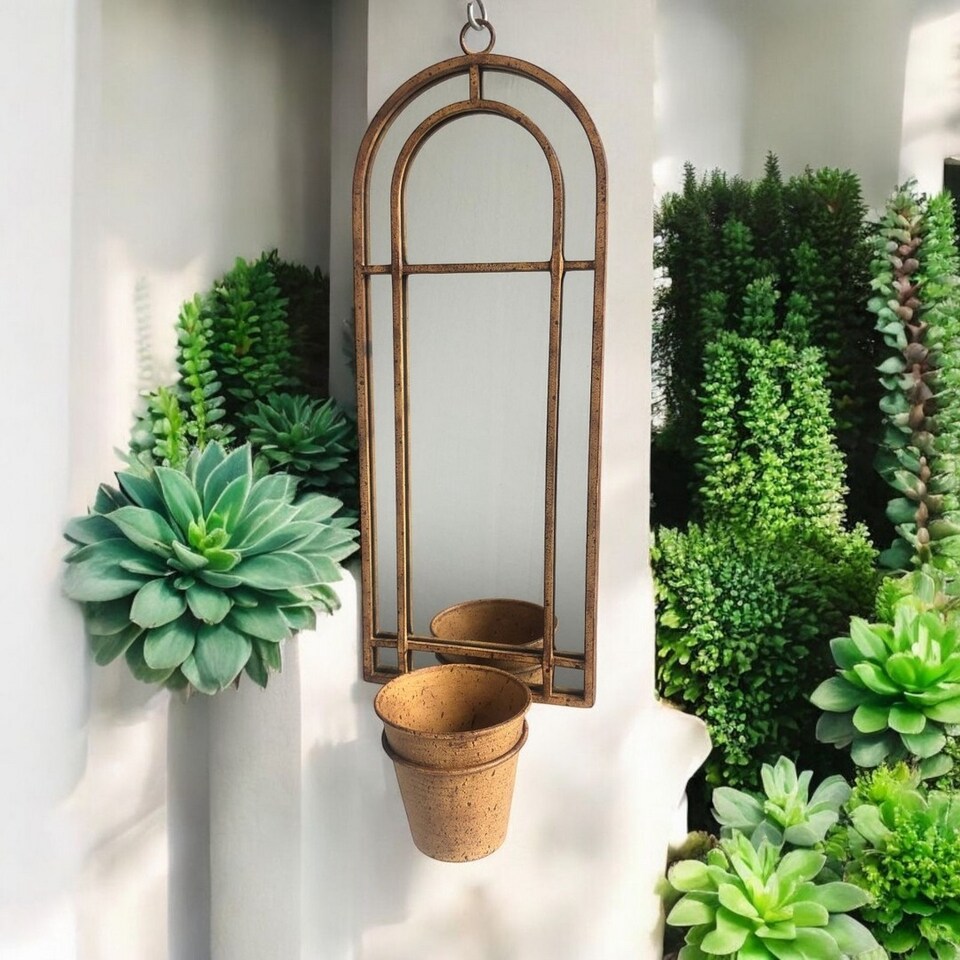 image 1 of Wall Mirror with Single Planter - Metal - L15 x W20 x H64 cm