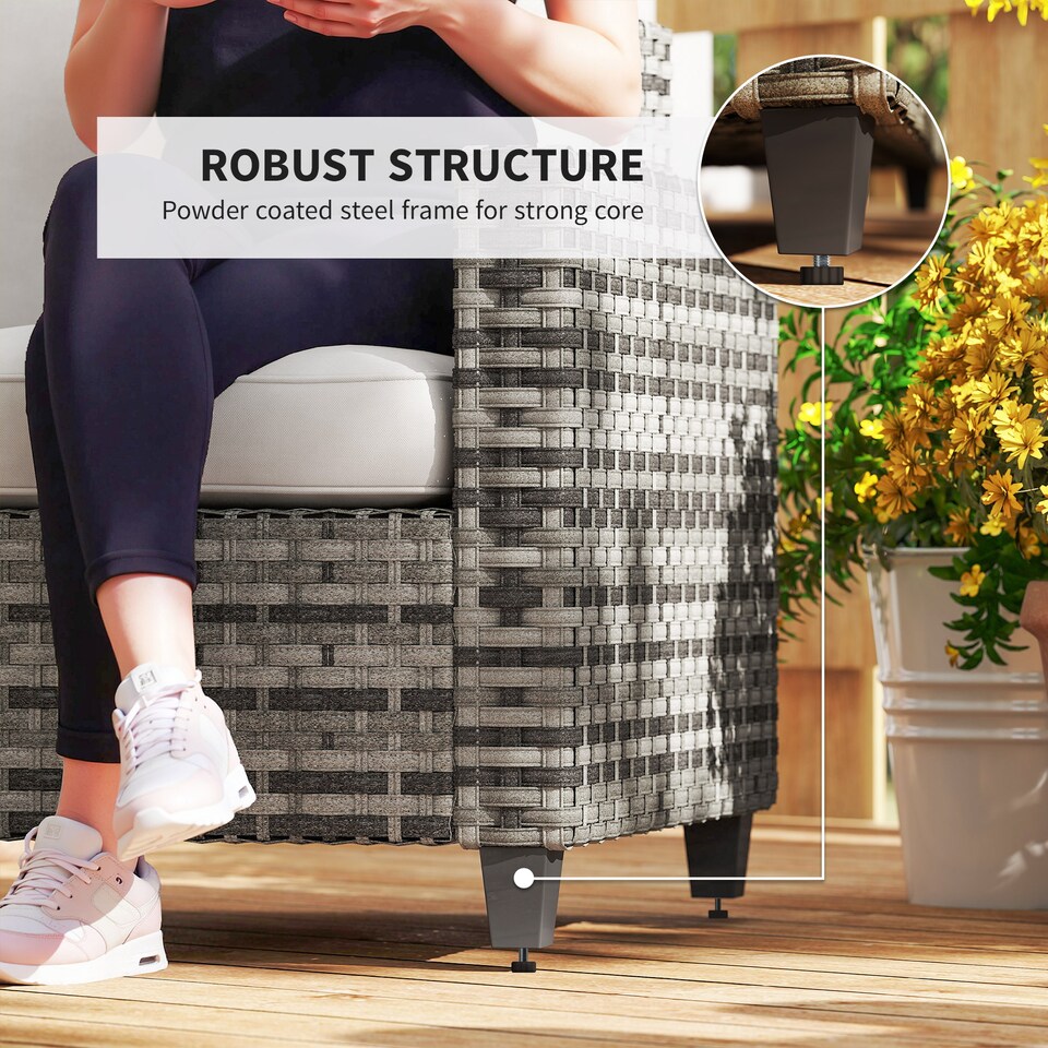 image 1 of Outsunny 6 Pieces Rattan Garden Furniture Set, 5 Seater Wicker Outdoor Furniture Set with 2 Armchairs, Steel Frame Coffee Table and Cushions for Balcony, Porch, Light Grey