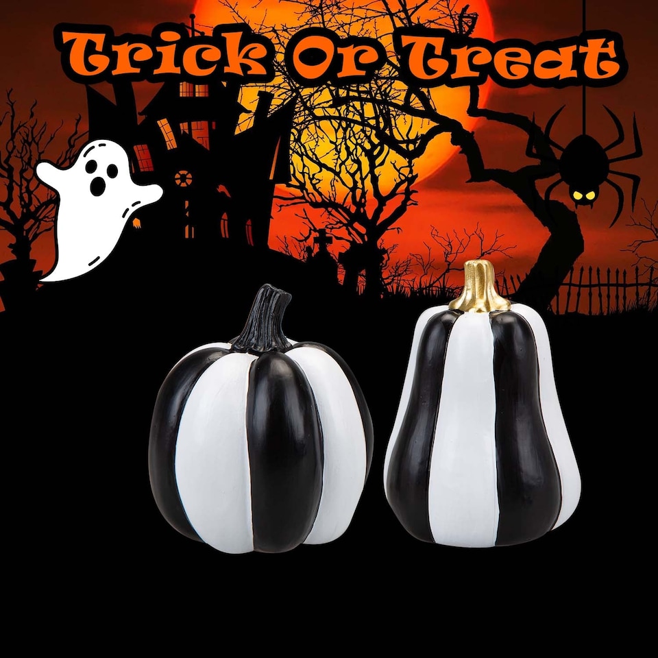 image 1 of vfm-estore Halloween Black & White Pumpkin Decorations - Tall-Round 2 Pack