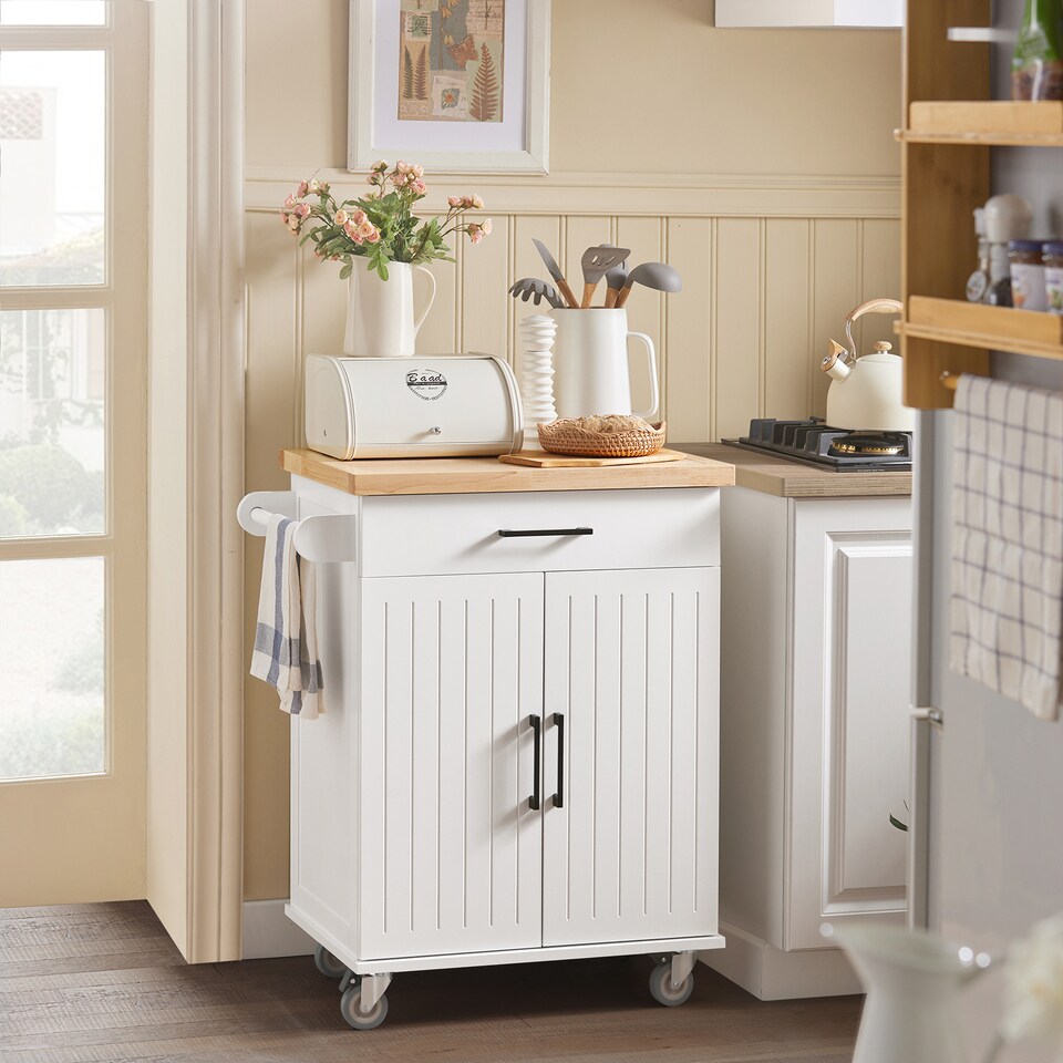 image 1 of SoBuy Kitchen Trolley with Drawer and 2 Doors, White/Natural Wood, 29.1x18.1x35.8 inches, 27.9 kg - FKW119-WN