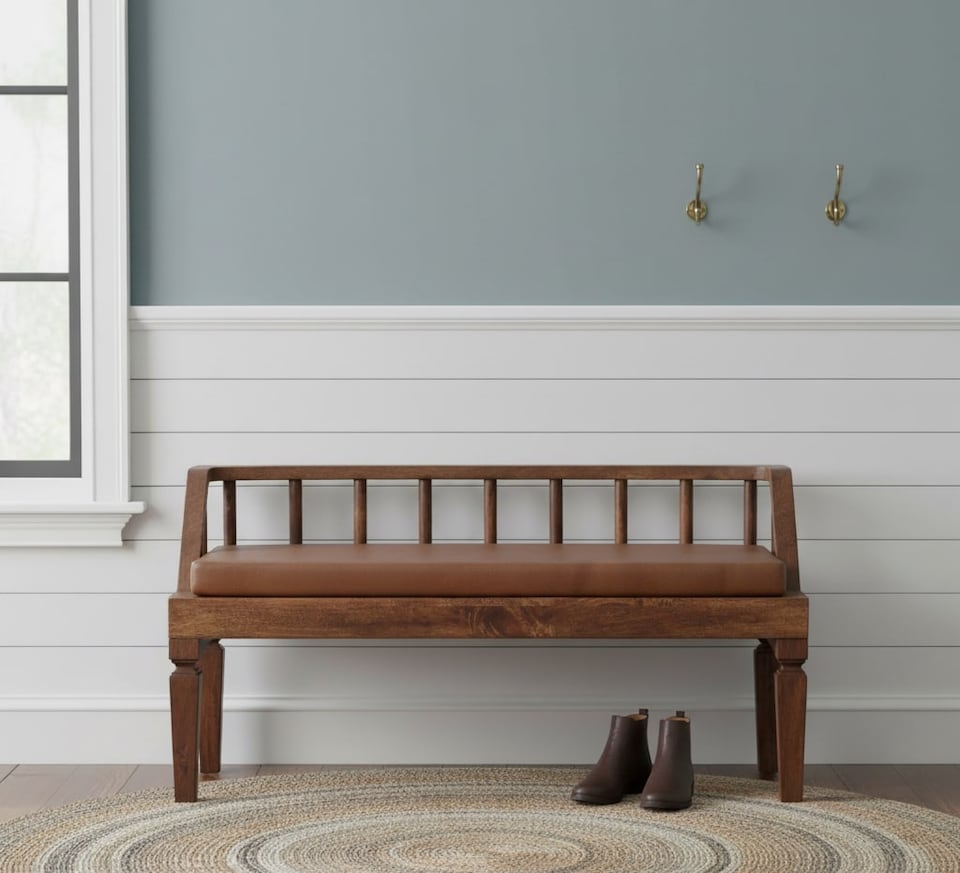 image 1 of Artisan Furniture Solid Wood Bordeaux Leather Bench, Upholstered, Brown