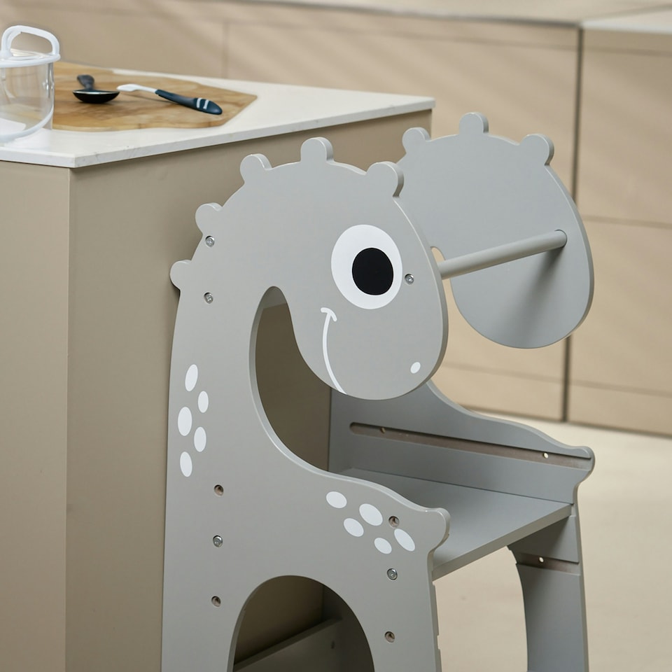 image 1 of Kidoz Toddler Learning Tower - Kitchen Helper with Safety Rail - Dinosaur Design - Grey
