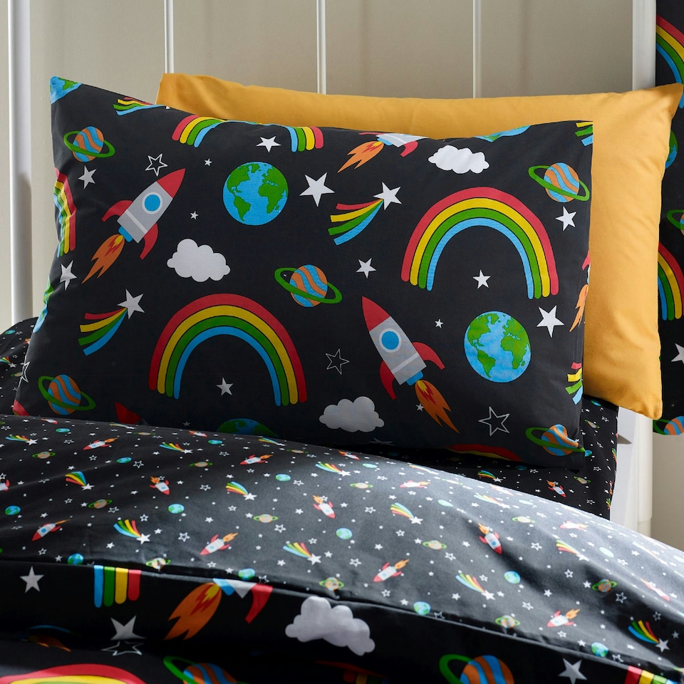 image 1 of Catherine Lansfield Rainbow Rockets Reversible Duvet Cover Set Black | Black | Double