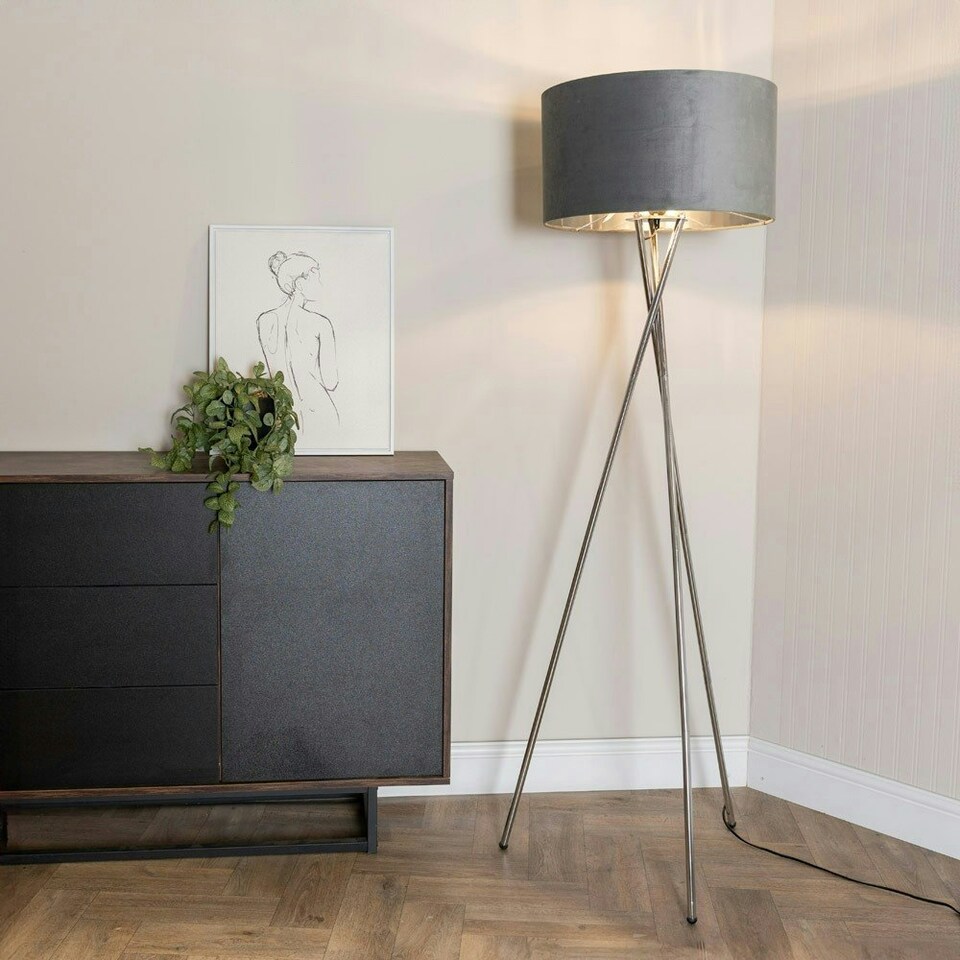 image 1 of ValueLights Camden Chrome Tripod Floor Lamp and Grey Velvet Shade Grey