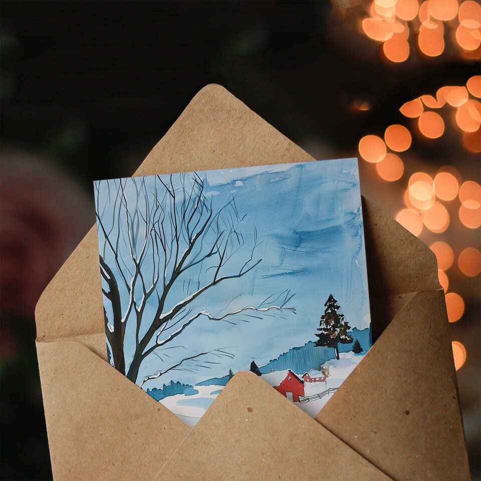 image 1 of Greeting Card Red Swedish Cottage in Winter Snow Countryside Birthday