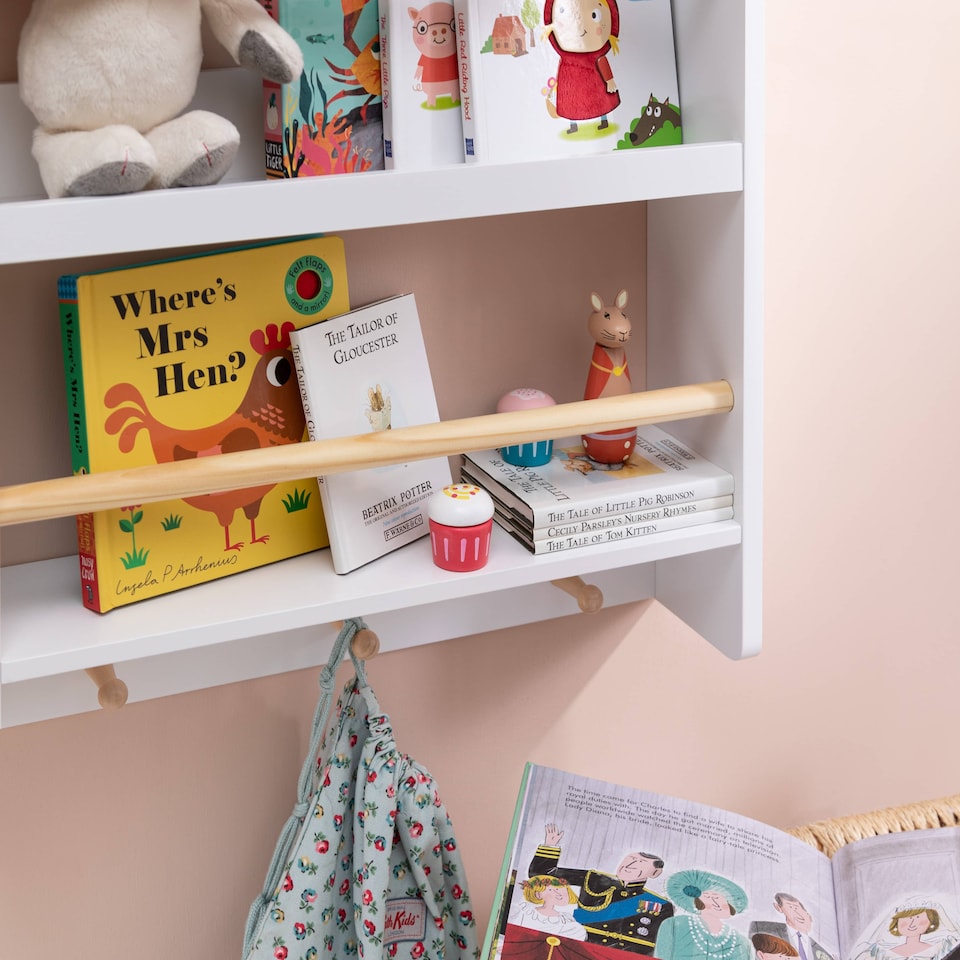 image 1 of Elene Kids Bookshelf Display 3 Tier with Coathook in White and Natural Pine