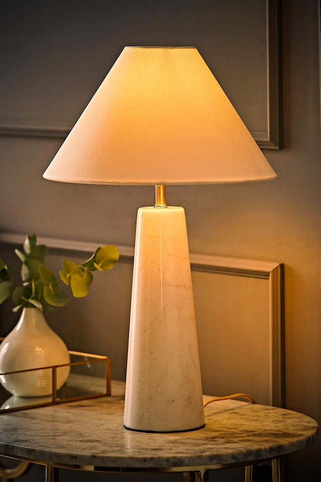 image 1 of ValueLights Margot White Marble Bedside Table Lamp Linen Taper Shade & Bulb | White