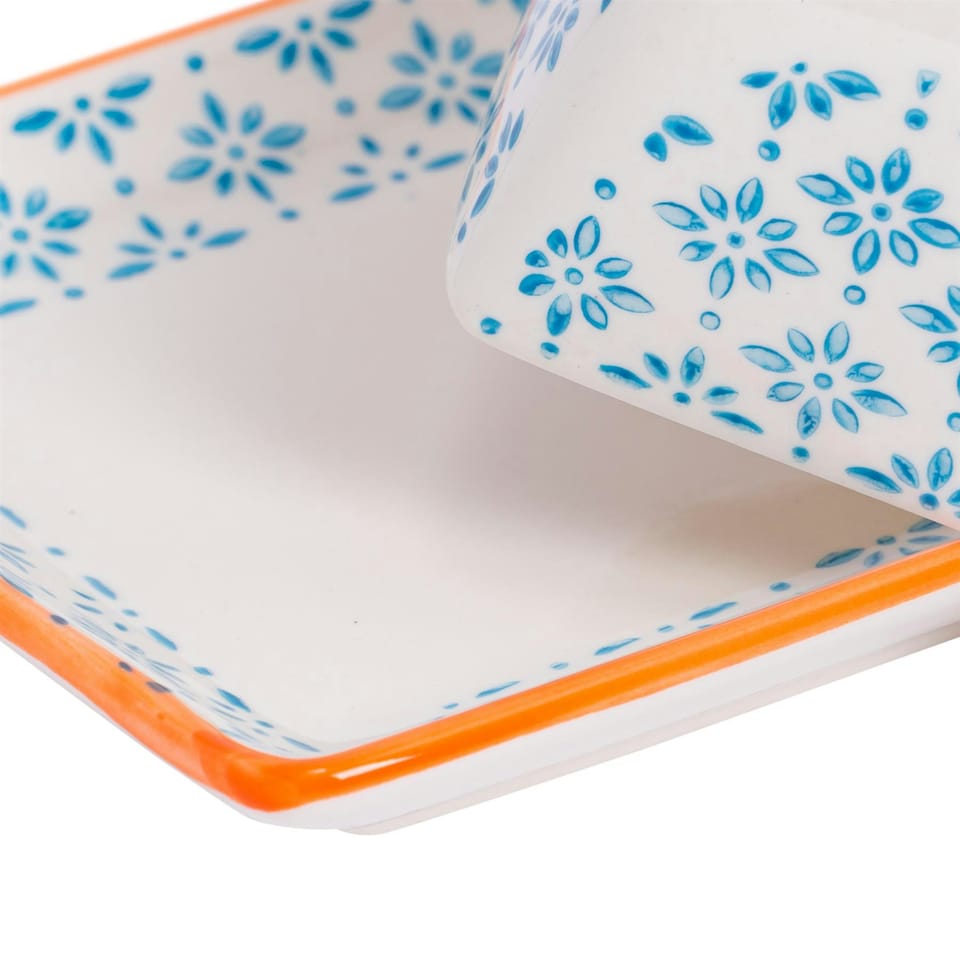 image 1 of Nicola Spring Hand-Printed Butter Dish - 18.5 x 12cm - Blue Multi