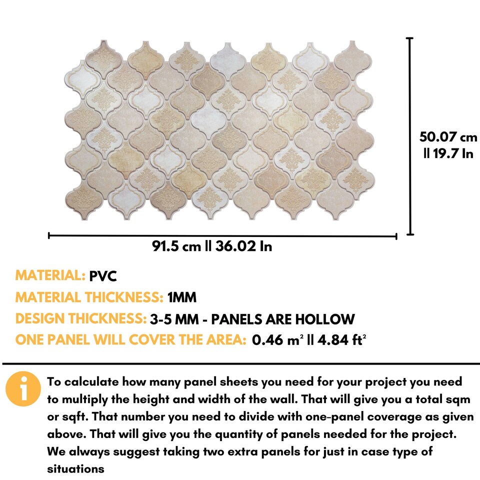 image 1 of NOVECRAFTO 3D Tile Effect Wall Panels – Cream Gold Arabesque Design with Glitter – Set of 6 PVC Sheets – 2.78m² (29.96sqft) – Kitchen & Bathroom Cladding