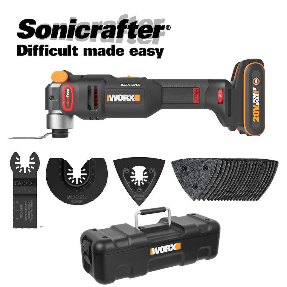 image 1 of WORX Sonicrafter 20V Cordless Brushless Oscillating Multi-Tool with 2.0Ah Battery, Charger & Carry Case WX698