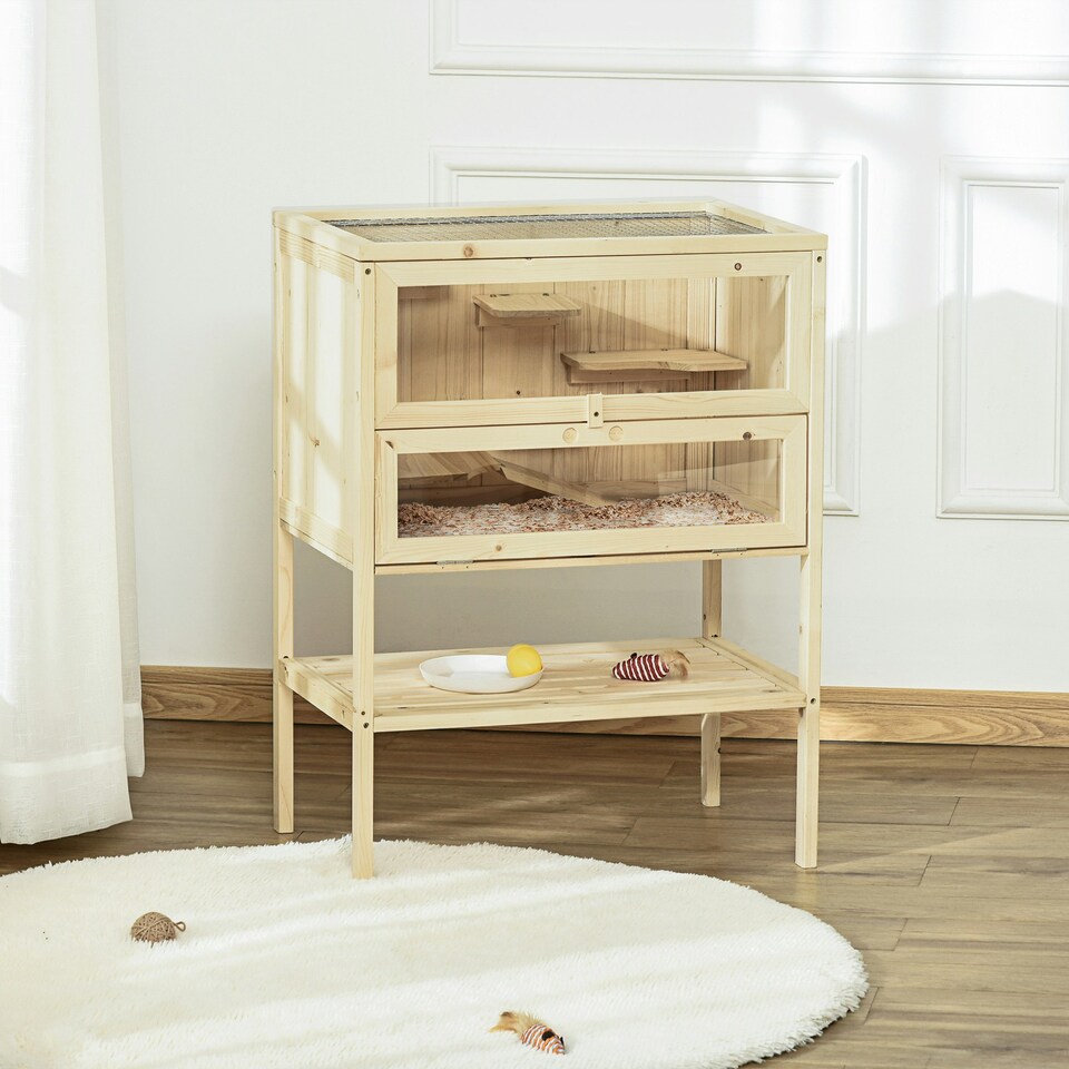 image 1 of PawHut Wooden Hamster Cage w/ Storage Shelf, Openable Top for Gerbils