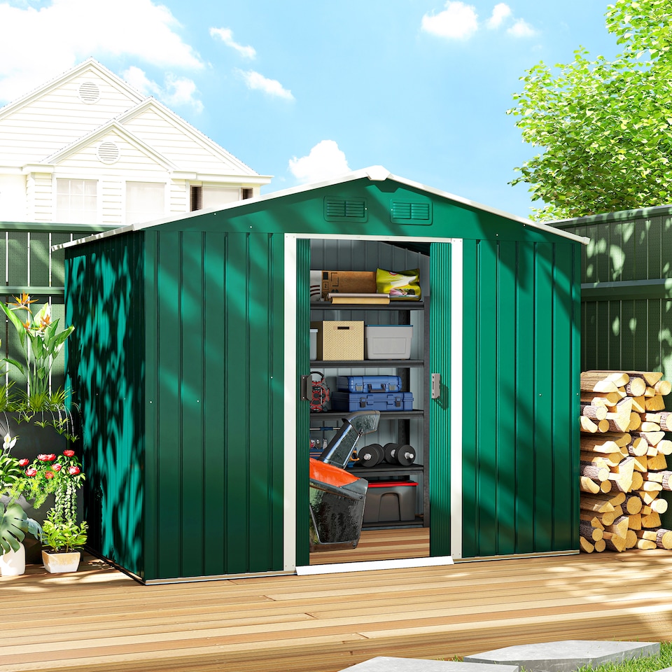 image 1 of Outsunny 7.7 x 5.7ft Metal Garden Shed with Ventilation Slots and Sliding Doors, Galvanised Outdoor Tool Storage House, Green