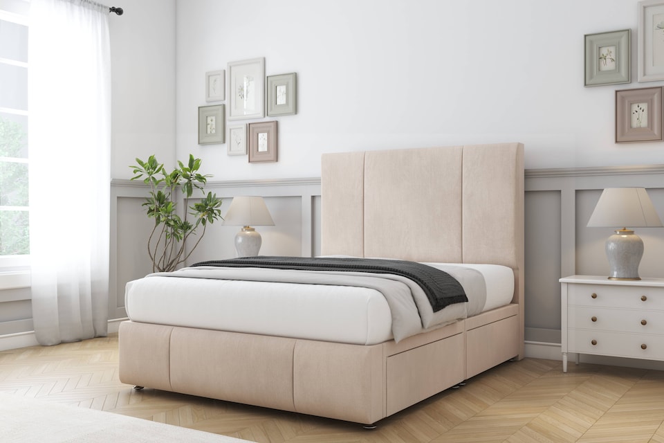 image 1 of Sloomy Lisbon Sand Naples Divan Bed Base No Drawers With 54 Inch Floor Standing Headboard & 12 Inch Matching Footboard | Cream | Sand | Single | 1