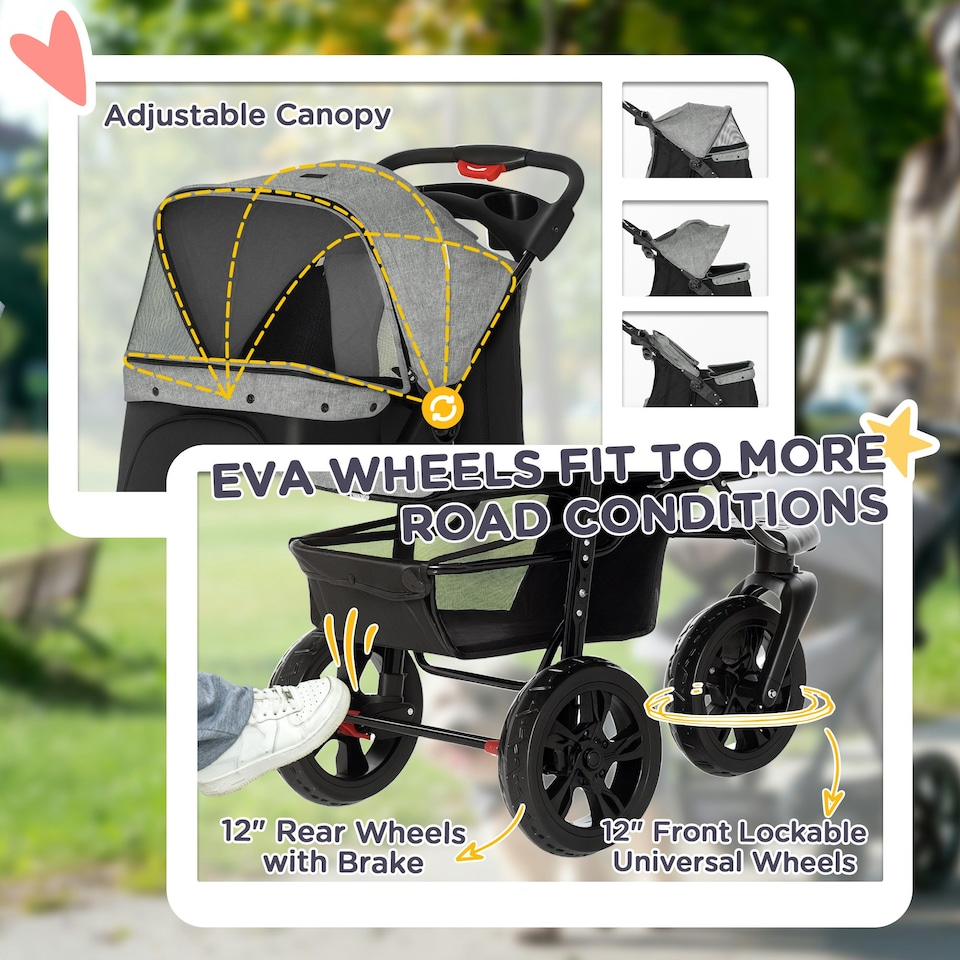 image 1 of PawHut Folding 3 Wheel Pet Stroller Travel Adjustable Canopy Storage Brake Grey