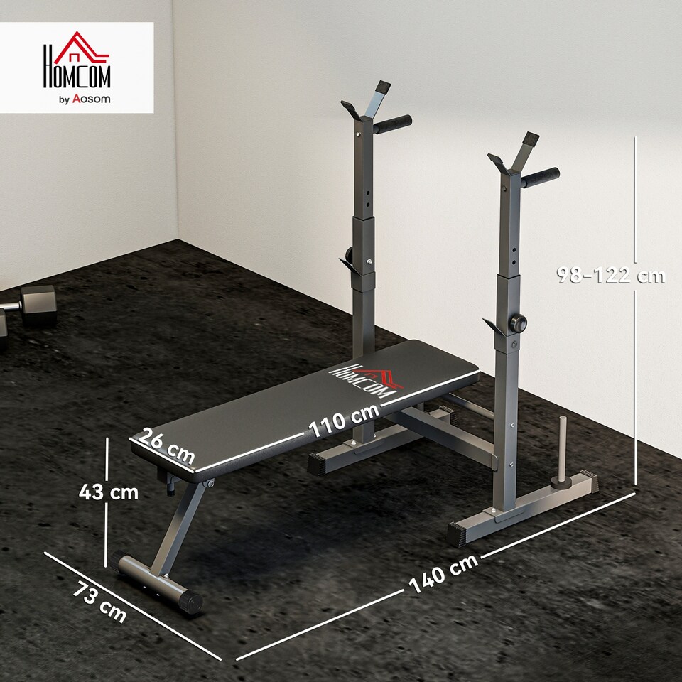 image 1 of HOMCOM Adjustable Weight Bench with Barbell Rack, Dip Station, Grey