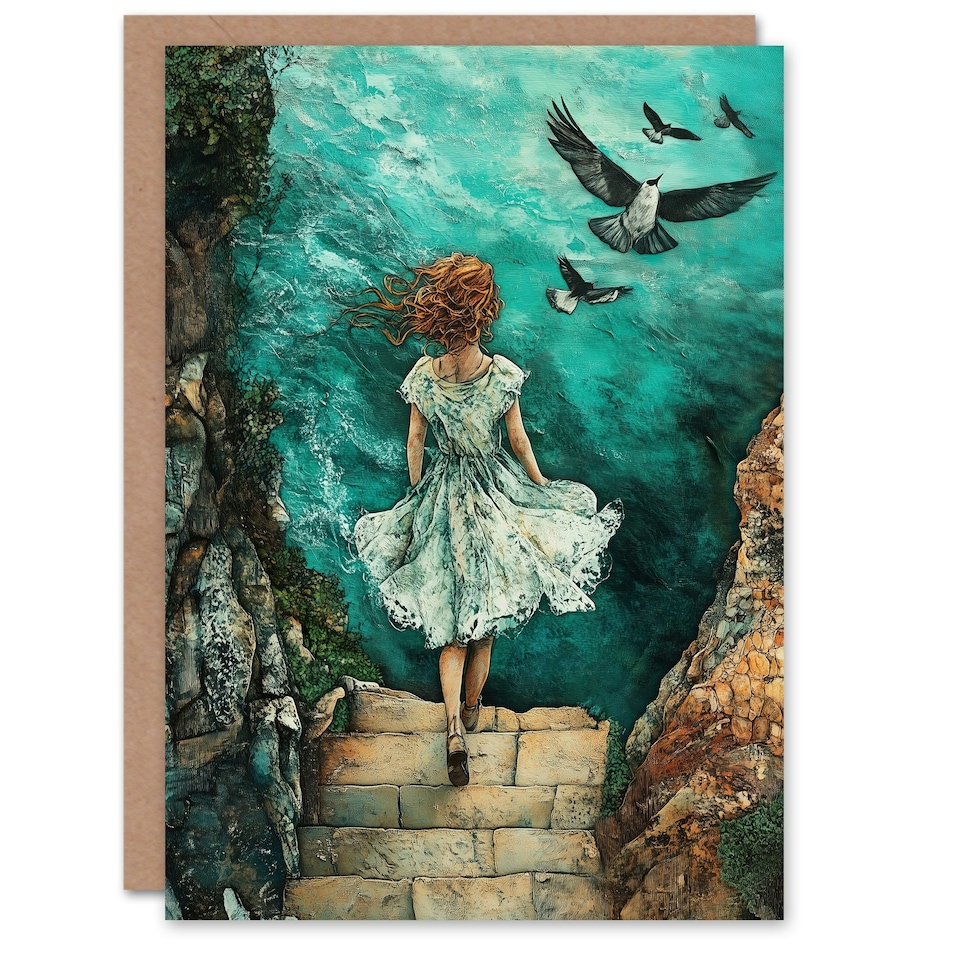 image 1 of Surreal Dream Dive Girl Stone Steps Sea Birds Birthday Greeting Card