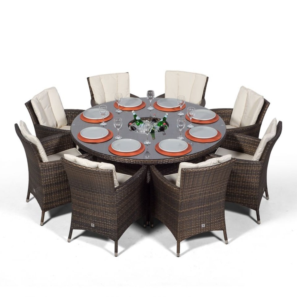 image 1 of Savannah Round 8 Seater Rattan Dining Set Ice Bucket Drinks Cooler | Brown | Brown