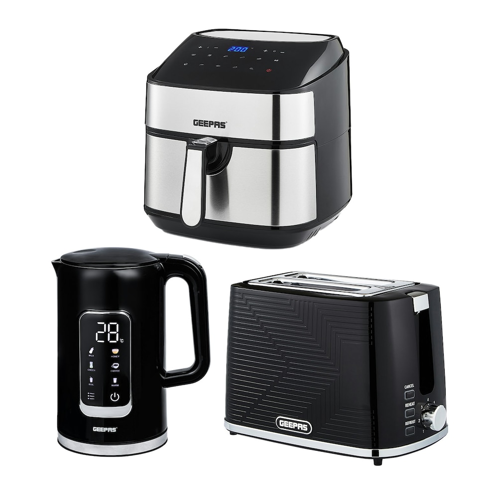 image 1 of GEEPAS 1.7L Digital Electric Kettle 2 Slice Bread Toaster & 7.5L Digital Air Fryer Combo Kitchen Set