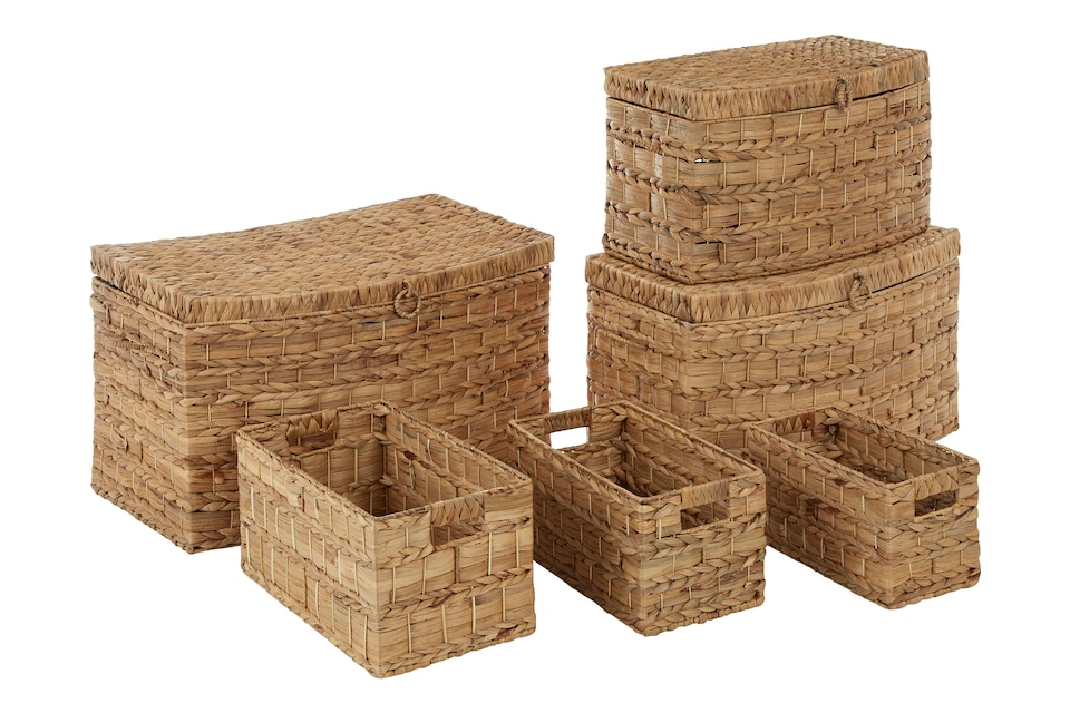 image 1 of Interiors By Premier Set Of 6 Water Hyacinth Storage Baskets, Woven Storage Baskets With Loop & Side Handles, Hyacinth Basket | Cream