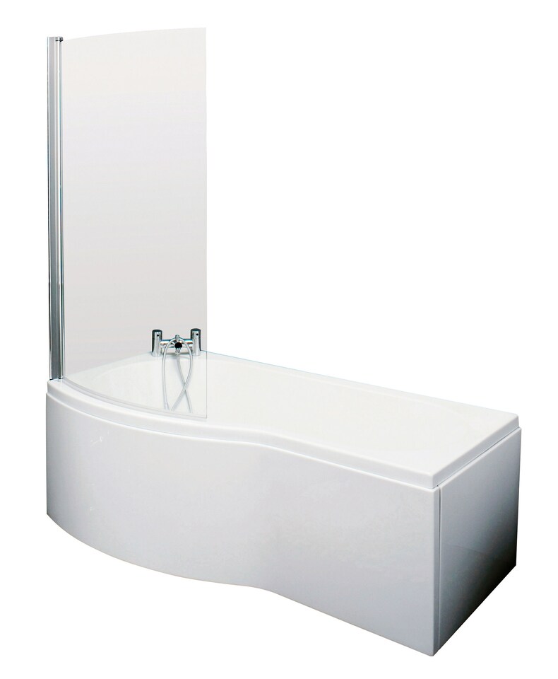 image 1 of 1500 mm Left Hand B Shape Shower Bath with Screen & Front Panel White | White | White | 1495 x 900 x 415mm