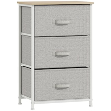 HOMCOM Vertical 3-Tier Linen Drawer Cabinet Organizer Storage Dresser Tower with Metal Frame Adjustable Feet for Living Room, Bathroom, Kitchen, White, Oak and Light Grey