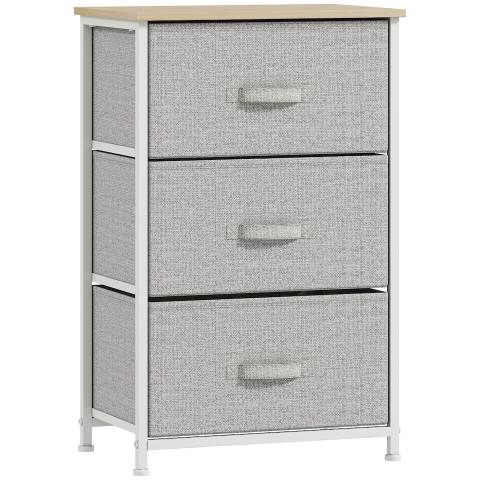 image 1 of HOMCOM Vertical 3-Tier Linen Drawer Cabinet Organizer Storage Dresser Tower with Metal Frame Adjustable Feet for Living Room, Bathroom, Kitchen, White, Oak and Light Grey