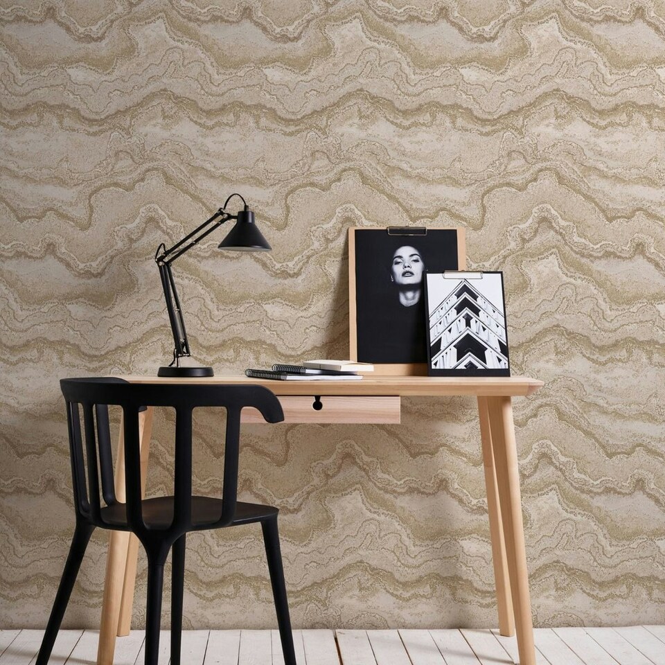 image 1 of AS Creation Quartz Marble Heavyweight Vinyl Textured Wallpaper - Gold/Natural - 10m x 0.5m Gold