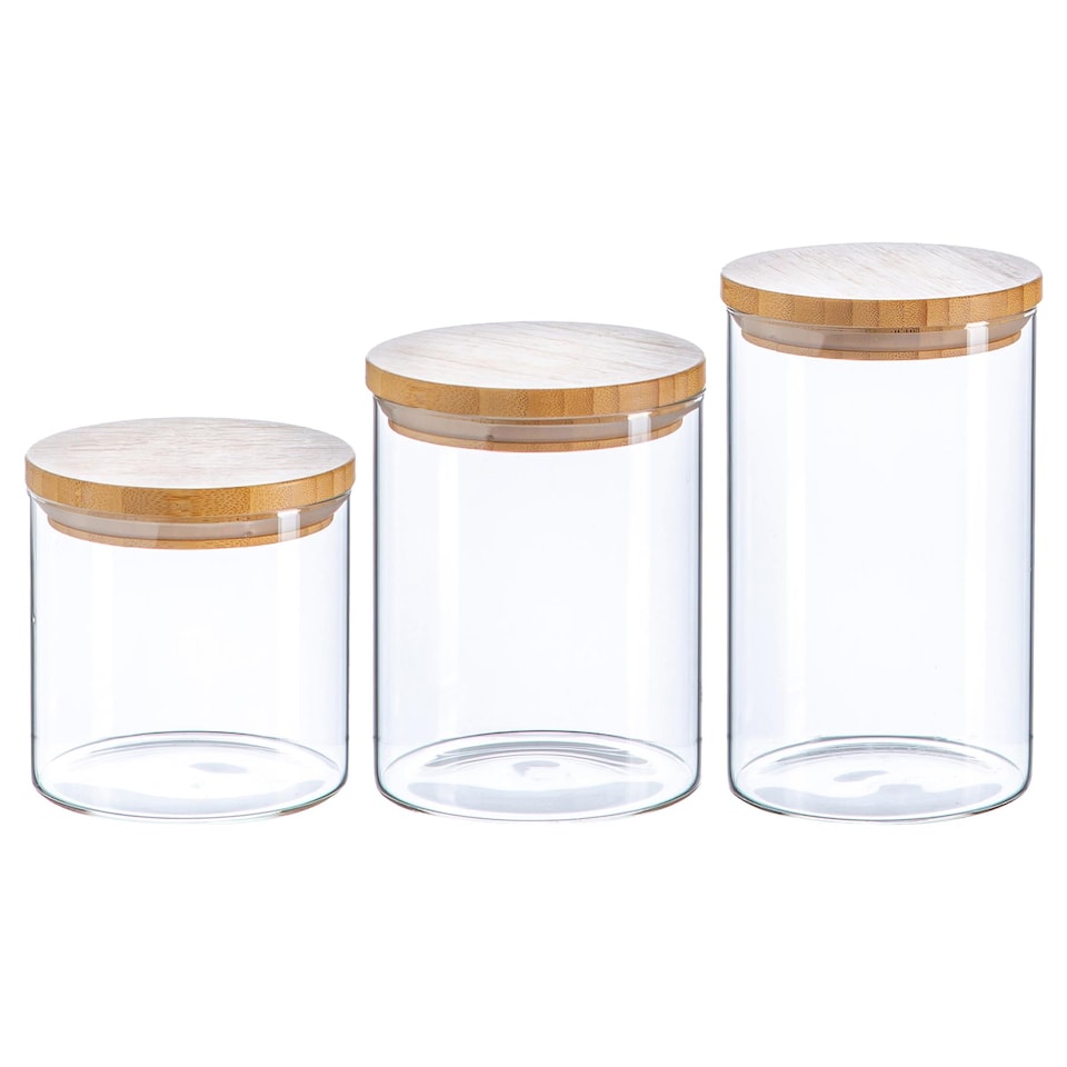 image 1 of Argon Tableware Glass Storage Jar Set - Wooden Lids - Modern Round Scandi Organisation Container Glass Jar - 3 Sizes
