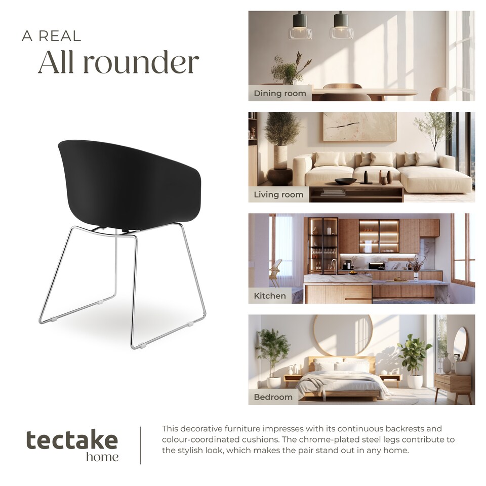 image 1 of Dining Chair Logart - plastic seat, padded, continuous arm and backrest | Black | black/chrome | 2