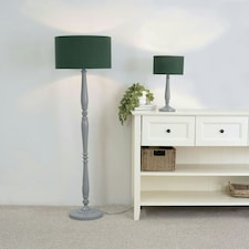 ValueLights Victoria Grey Wood Traditional Stem Table Lamp with Green Fabric Drum Shade