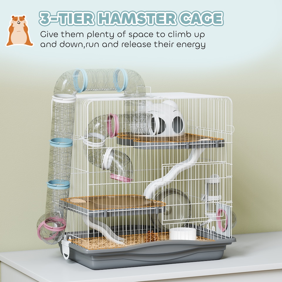 image 1 of PawHut 3-Tier Hamster Cage, Gerbil Cage for Dwarf Hamsters, 45 x 30 x 45 cm | Grey