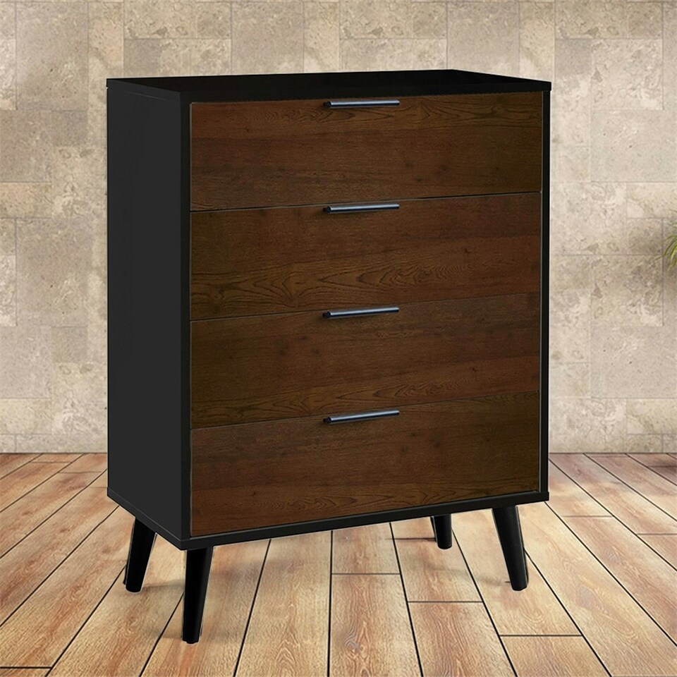 image 1 of Walnut Oak and Matt Black Wide Chest of Drawers (4 Drawers)