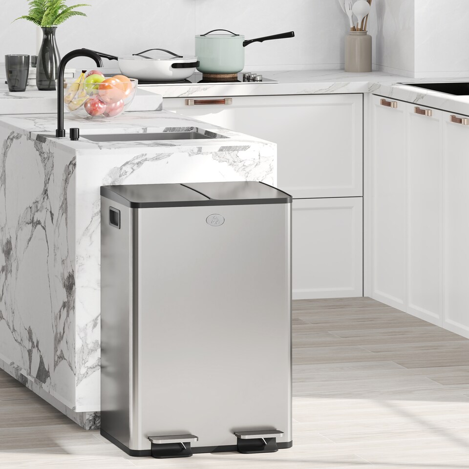 image 1 of HOMCOM Dual Kitchen Bin, 2 x 28L Stainless Steel Double Rubbish Bin with Soft Close Lid, Removable Inner Buckets, Fingerprint-Proof for Recycling and Waste, Silver Tone | Silver | Silver