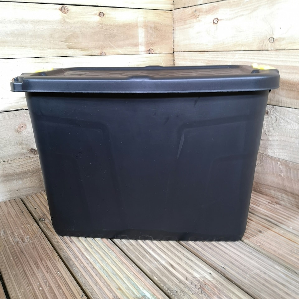 image 1 of 60L Heavy Duty Storage Tub Sturdy, Lockable, Stackable and Nestable Design Storage Chest with Clips in Black