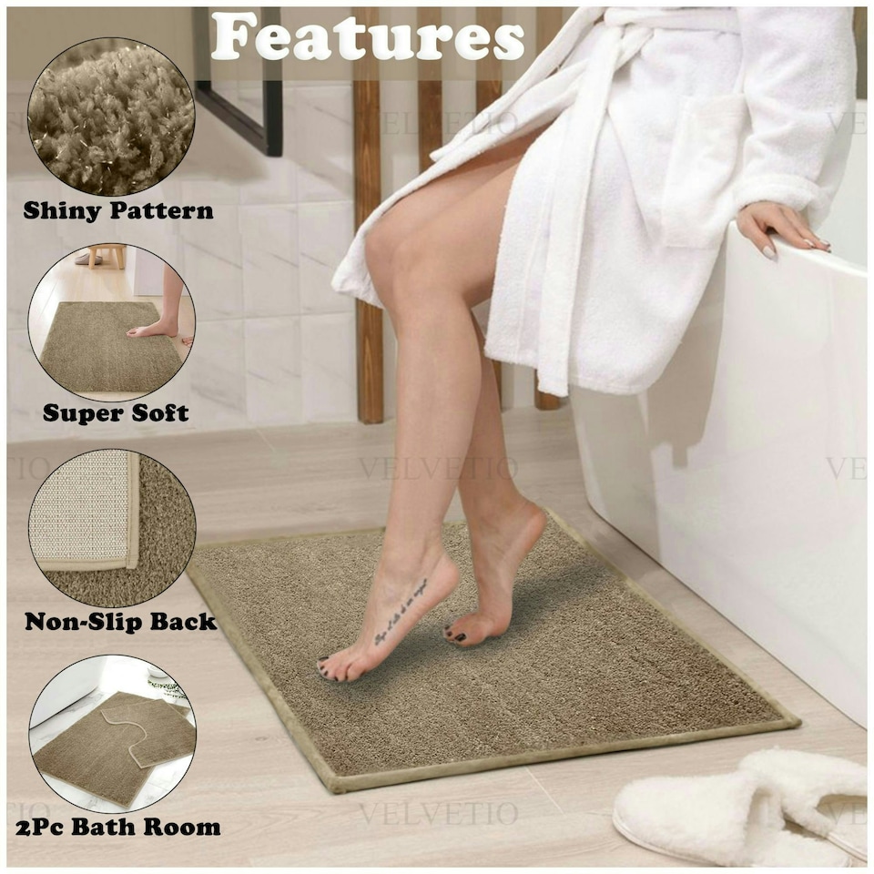 image 1 of VELVETIO Shiny Sparkling Bath Set Anti Slip Pedestal Mat Bathroom Rugs Brown | Natural