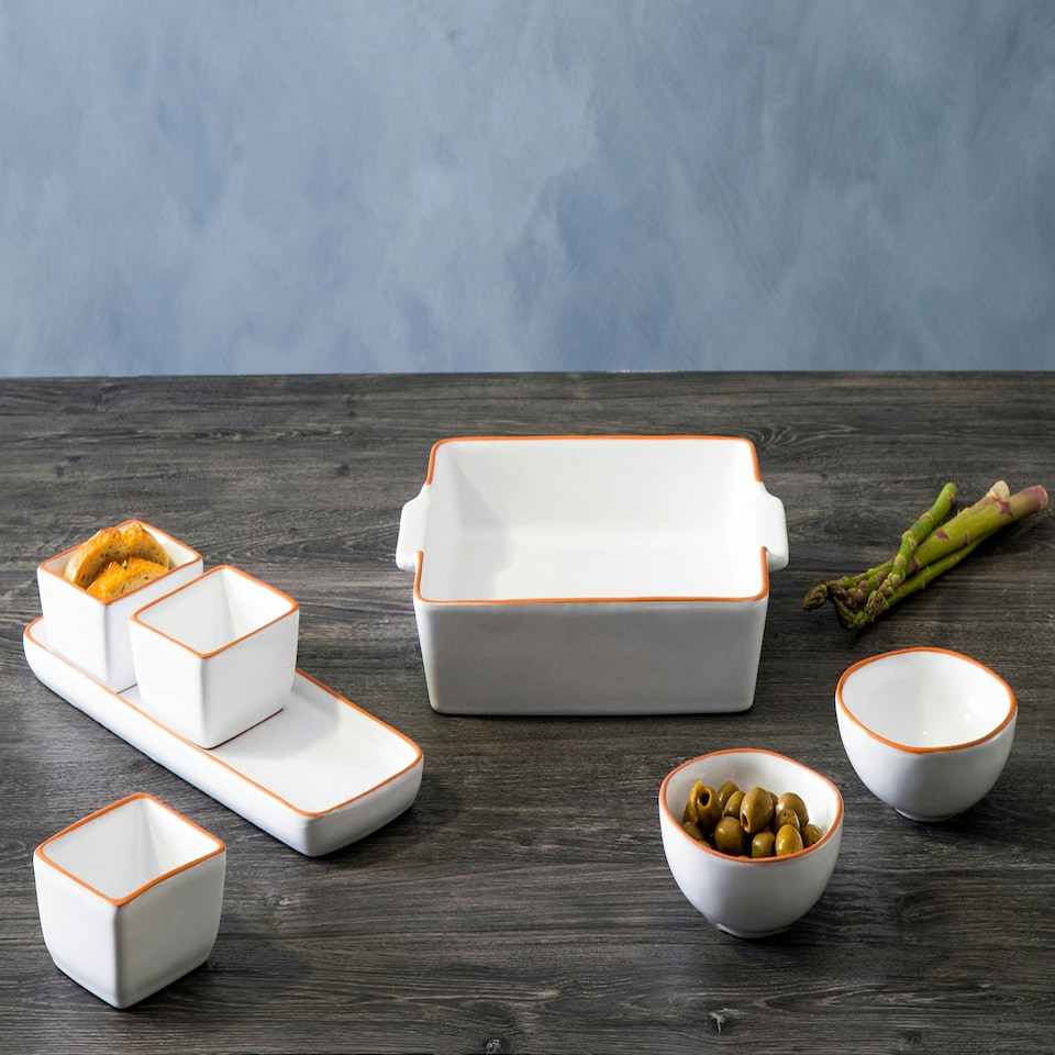 image 1 of Interiors By Premier Natural Terracotta Finish 3-Pc White Dip Bowls with Tray, Ceramic Dip Bowls & Tray Set, Dip Serving Dishes White