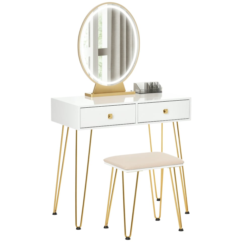 image 1 of HOMCOM Dressing Table Set With LED Mirror & Stool 2 Drawers Makeup Desk