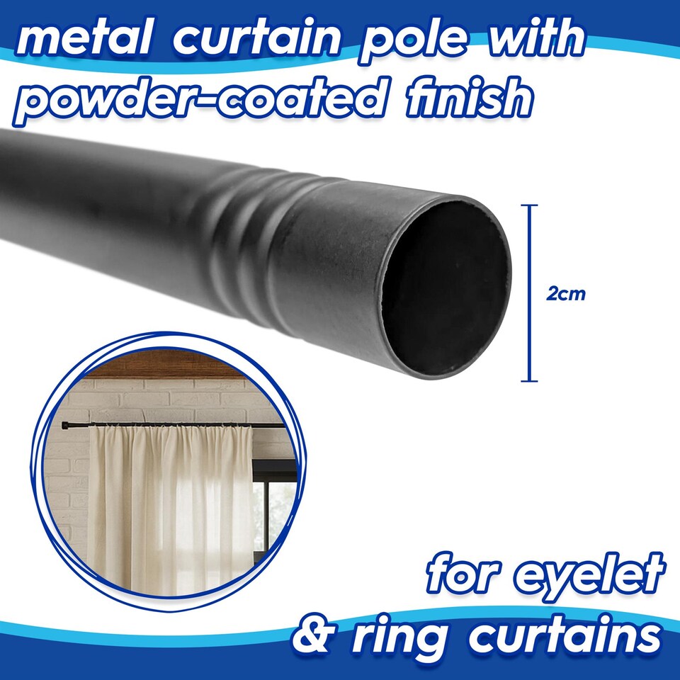 image 1 of Harbour Housewares Extendable Metal Curtain Pole Kit - 83 to 120cm - Matt Black