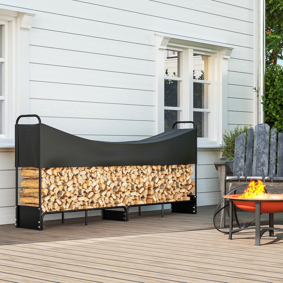 image 1 of Outsunny 8.5ft Firewood Rack, Heavy Duty Log Storage Holder with Waterproof 600D Oxford Log Cover for Fireplace Fire Pits Outdoor Patio Wood Storage, 300 kg Large Capacity, Black
