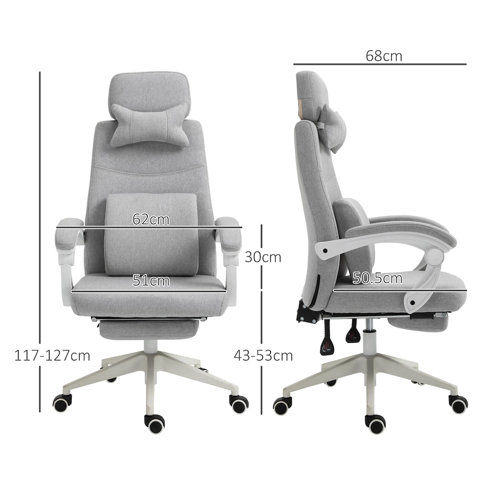 image 1 of Vinsetto Office Chair, Ergonomic Desk Chair, High Back Fabric Work Chair with 160 Reclining Backrest, Retractable Footrest, Neck and Lumbar Pillow for Home and Study, Grey