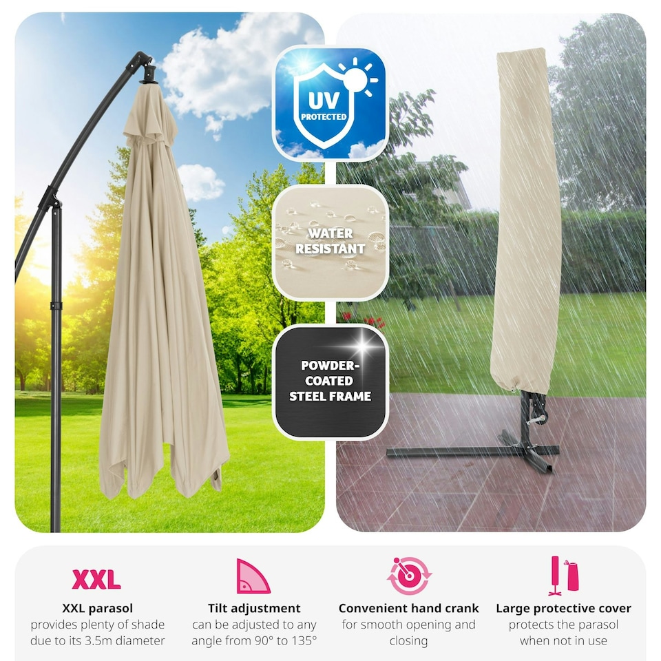 image 1 of Parasol Ciccio - 350 cm, cantilever garden shade, adjustable tilt angle, with protective cover Cream | Beige