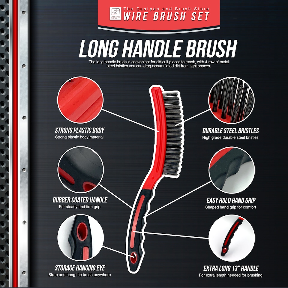image 1 of Heavy Duty Wire Brush Set Steel Bristle Long Handle, D-Grip Block Rust & Paint Removal Kit