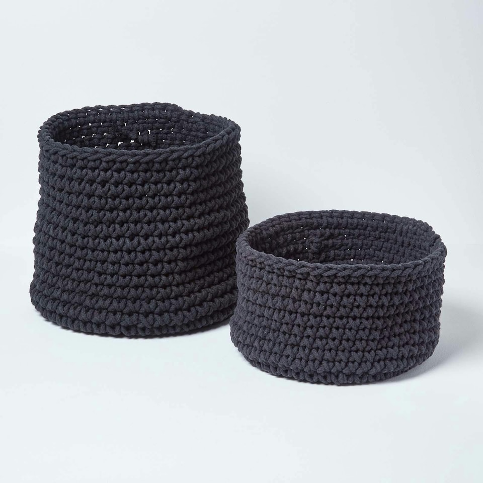 image 1 of Homescapes Black Cotton Knitted Round Storage Basket - 37 x 21 cm | Black | Black | M