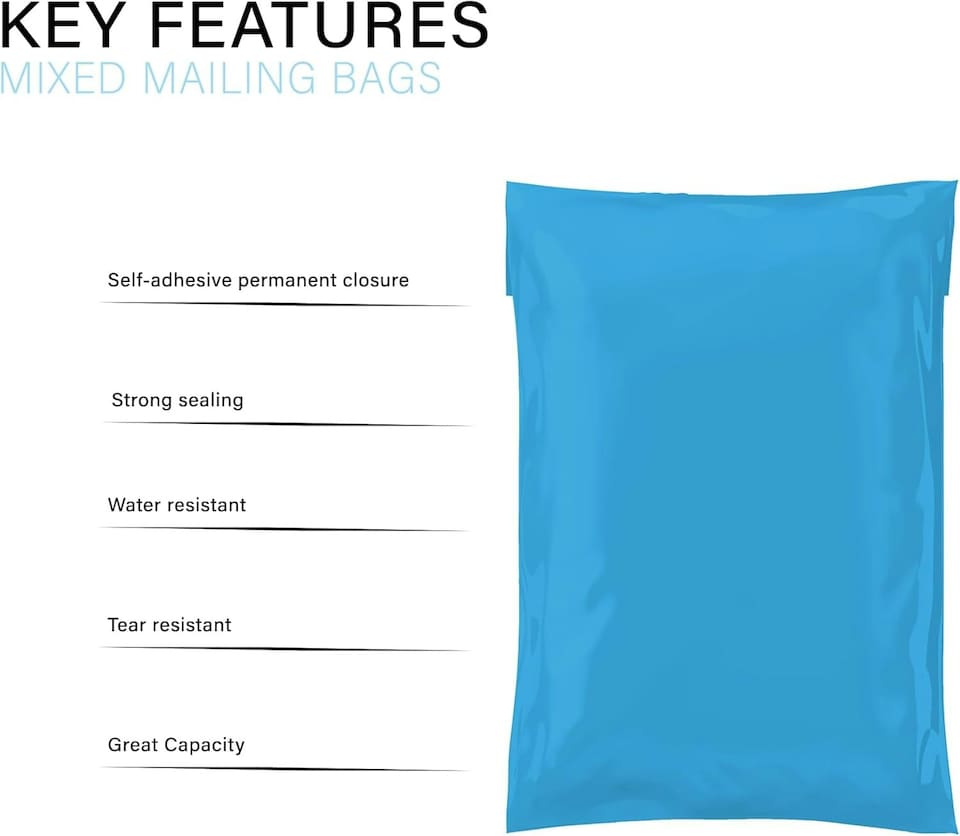 image 1 of Straame 100 Assorted Blue Postal Bags, Self-Seal, Flexible, Tear-Proof, 4 Sizes, 25 Each | Blue | DL | 100