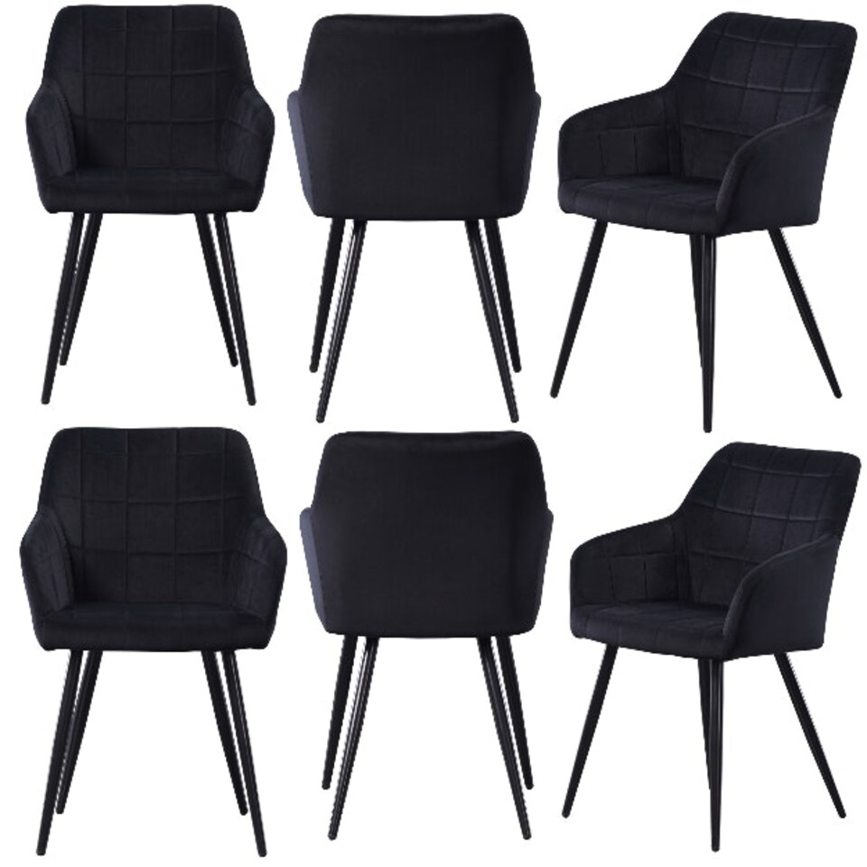 image 1 of Set of 6 Camden Modern Velvet Dining Chairs with Armrests, Quilted Design & Black Metal Legs Black
